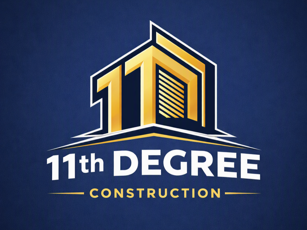 Logo for 11th Degree Construction featuring a stylized house with the number 11 integrated into the roof design, with the company name and slogan "Construction" below.