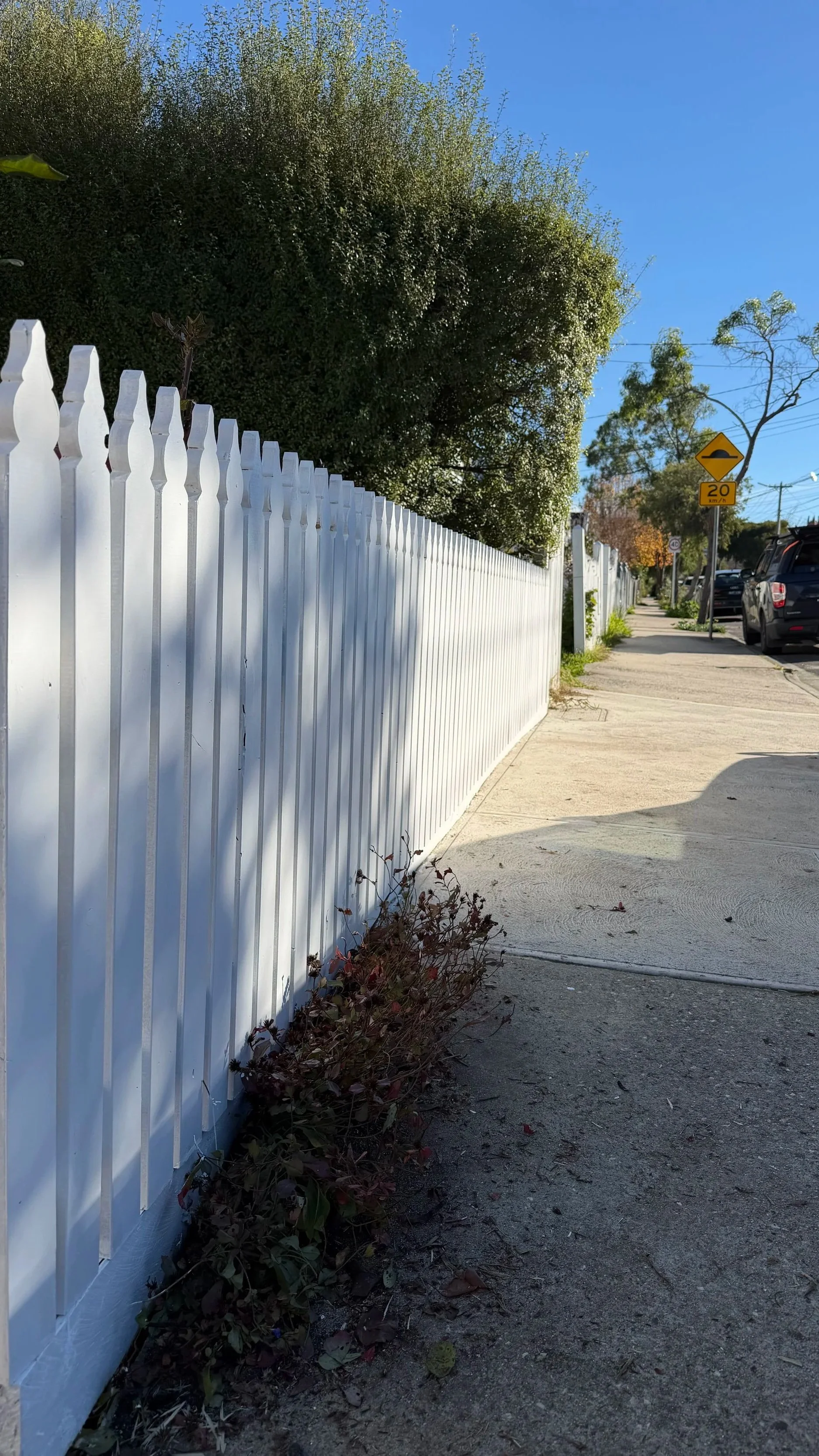 A sidewalk with a white picket fence on the left side, overgrown plants at the base, and parked cars along the street. A yellow road sign indicates a speed bump and a 20 mph speed limit. Trees and a clear blue sky are in the background.
