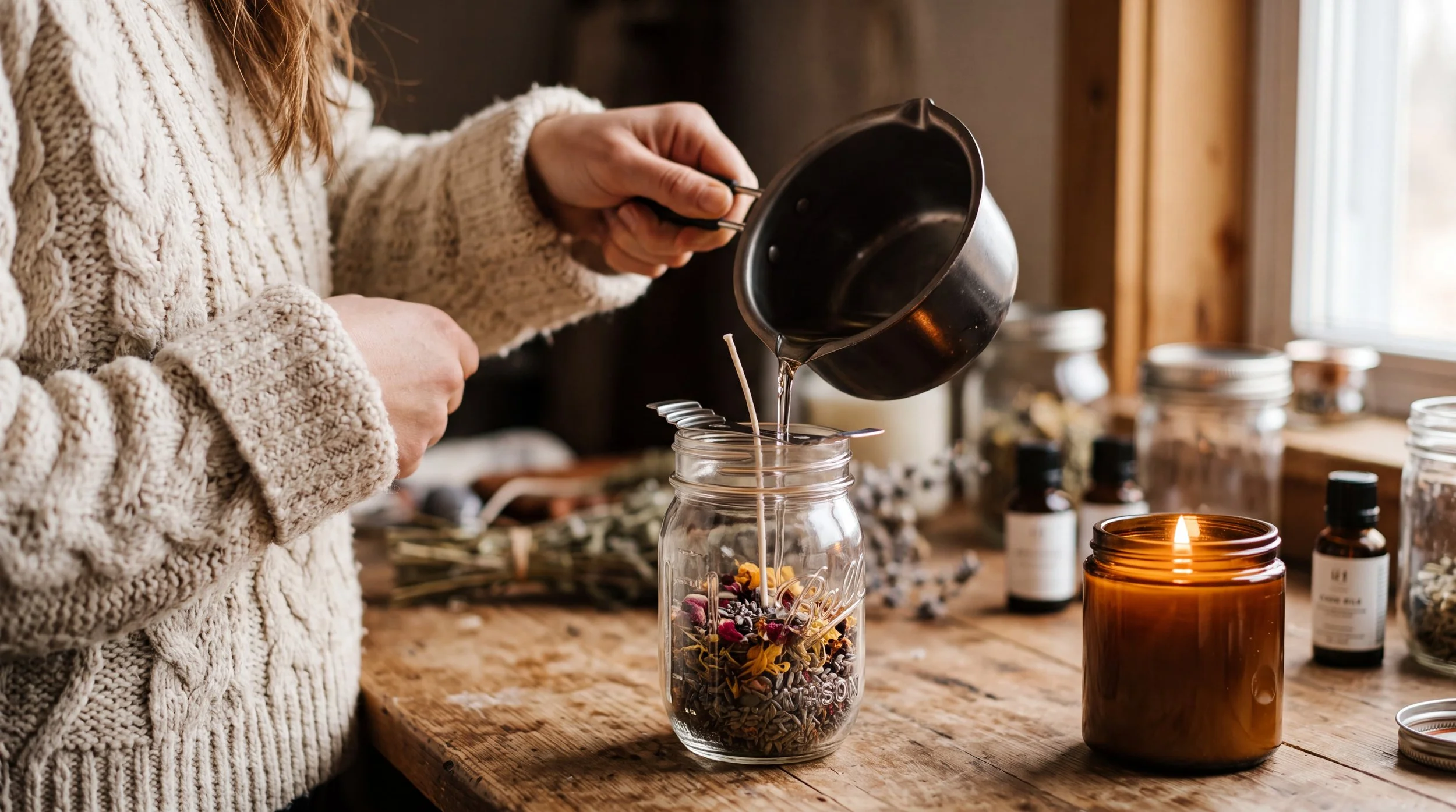 A close-up of Emily pouring natural plant-based wax into artisan jars the the bright South London studio where her sustainable candle brand is based.