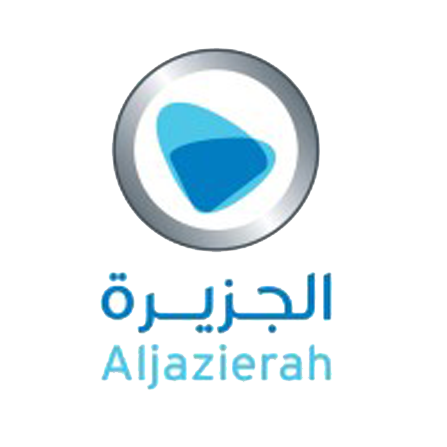 Al Jazeera logo with Arabic text and blue play button icon.