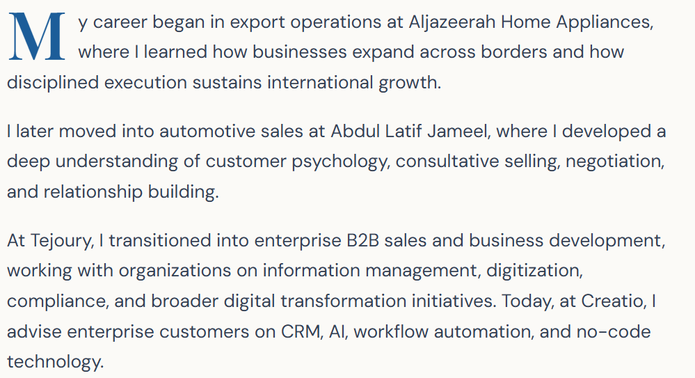 Mohamed Awad biography describing experience in export operations, automotive sales, and enterprise B2B sales, with emphasis on digital transformation and customer relationship management.
