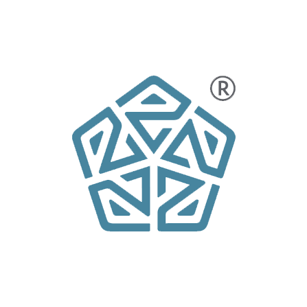 A geometric logo with interconnected lines forming a symmetrical shape, accompanied by a registered trademark symbol.