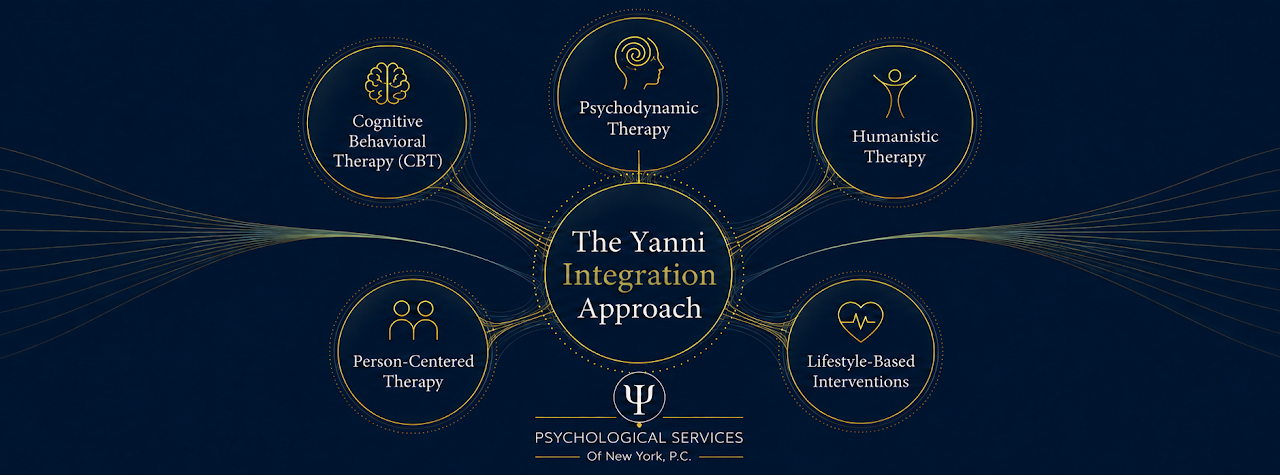 Diagram of The Yanni Integration Approach showing five connected therapy methods: Cognitive Behavioral Therapy, Psychodynamic Therapy, Humanistic Therapy, Person-Centered Therapy, and Lifestyle-Based Interventions.