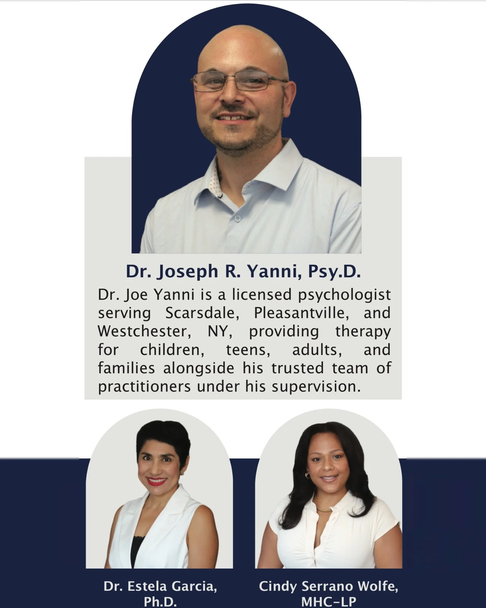 Dr. Joseph Yanni, Dr. Estela Garcia, and Cindy Serrano Wolfe, the clinical team at Psychological Services of New York.