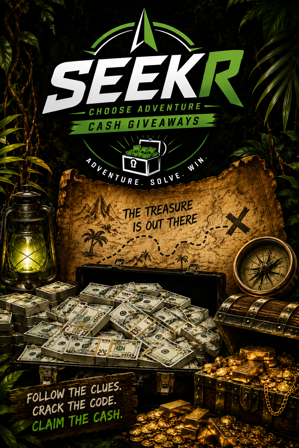 A treasure map, cash, gold bars, and a lantern surrounded by jungle foliage promote an adventure-themed cash giveaway event called Seek R, encouraging participants to choose adventure, solve puzzles, and win rewards.