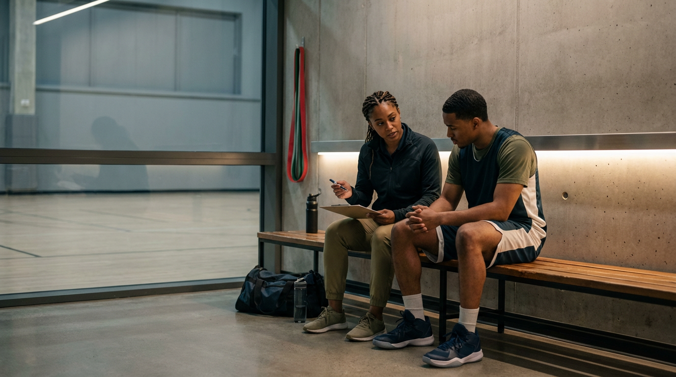 A woman and a young man sitting on a wooden bench in an indoor sports facility or gym, engaging in conversation. The woman is holding a clipboard and a pen, and they appear to be discussing something. There are water bottles, a backpack, and gym equipment in the background.