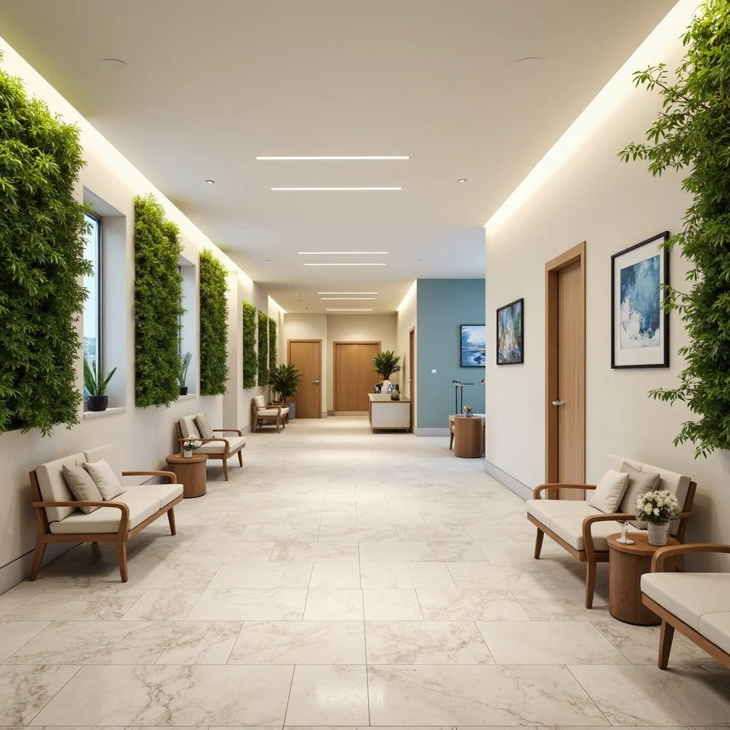 Bright, modern hallway with white walls, large windows, green wall plants, wooden benches with cushions, artwork, and potted plants.