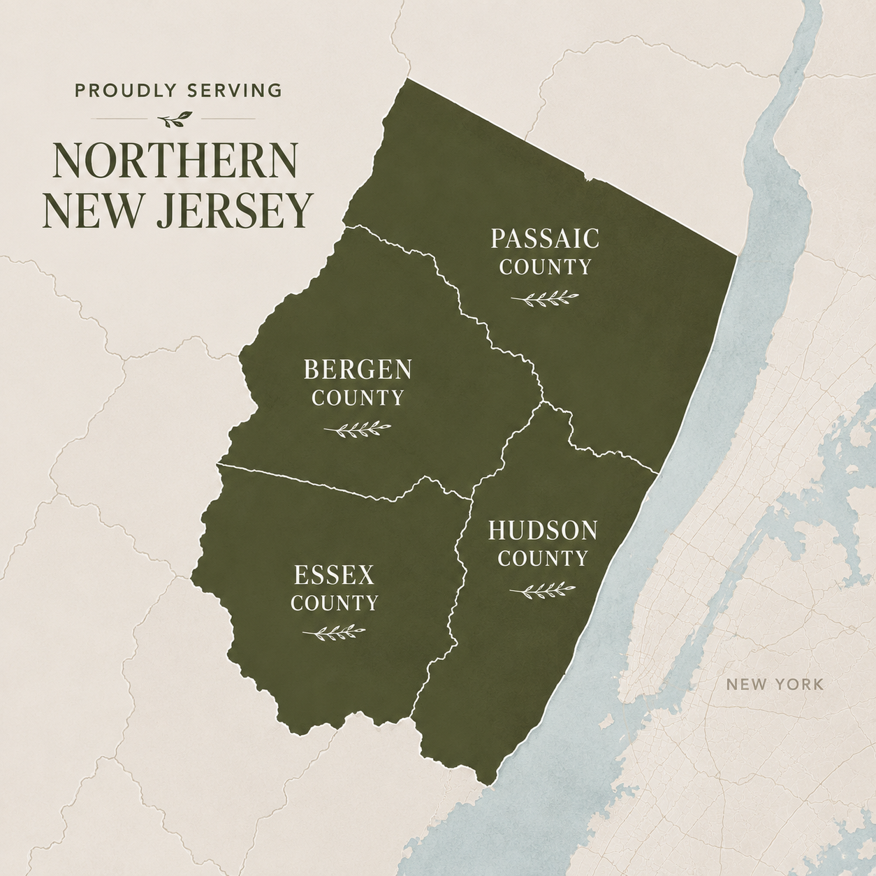 Map highlighting Passaic, Bergen, Essex, and Hudson counties in Northern New Jersey.