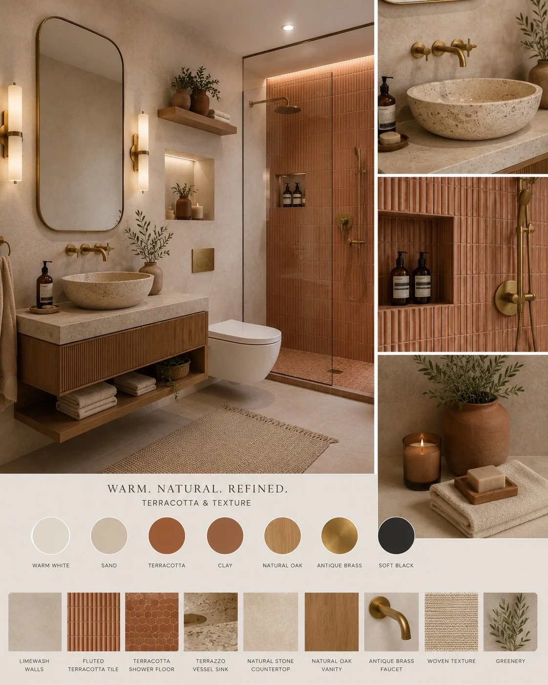 A modern bathroom with terracotta tiles, a vessel sink, brass fixtures, wooden elements, and decor featuring green plants, candles, and towels.
