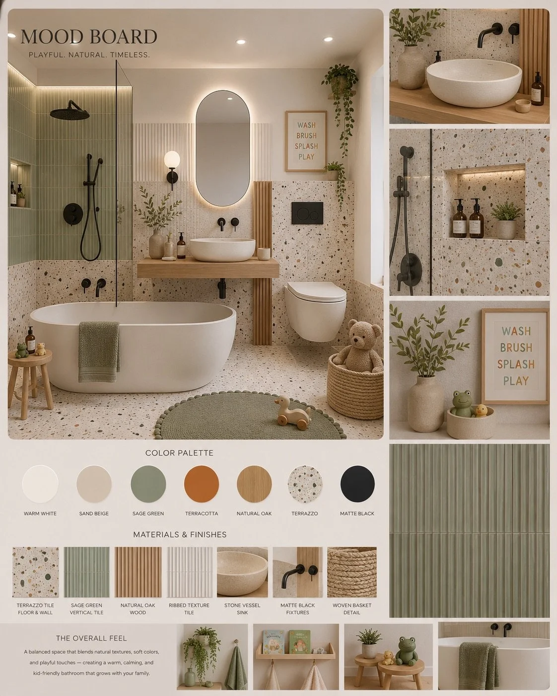 Bathroom with terrazzo tile flooring and wall accents, a free-standing bathtub with a towel, a wooden vanity with a vessel sink, a wall-mounted toilet, a walk-in shower with black fixtures, and decorative plants and framed art.