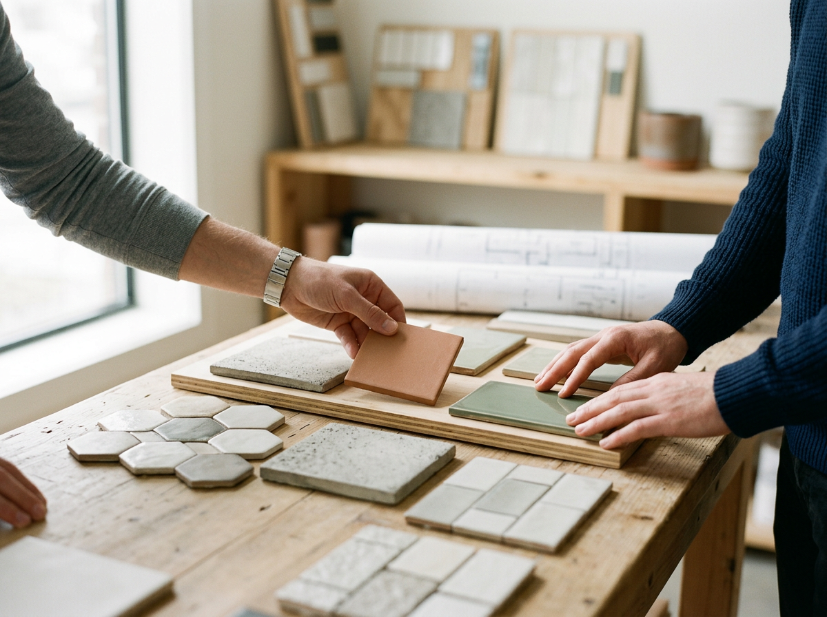Two people choose ceramic tile samples on a wooden table in a design studio, with various tile and material samples laid out.