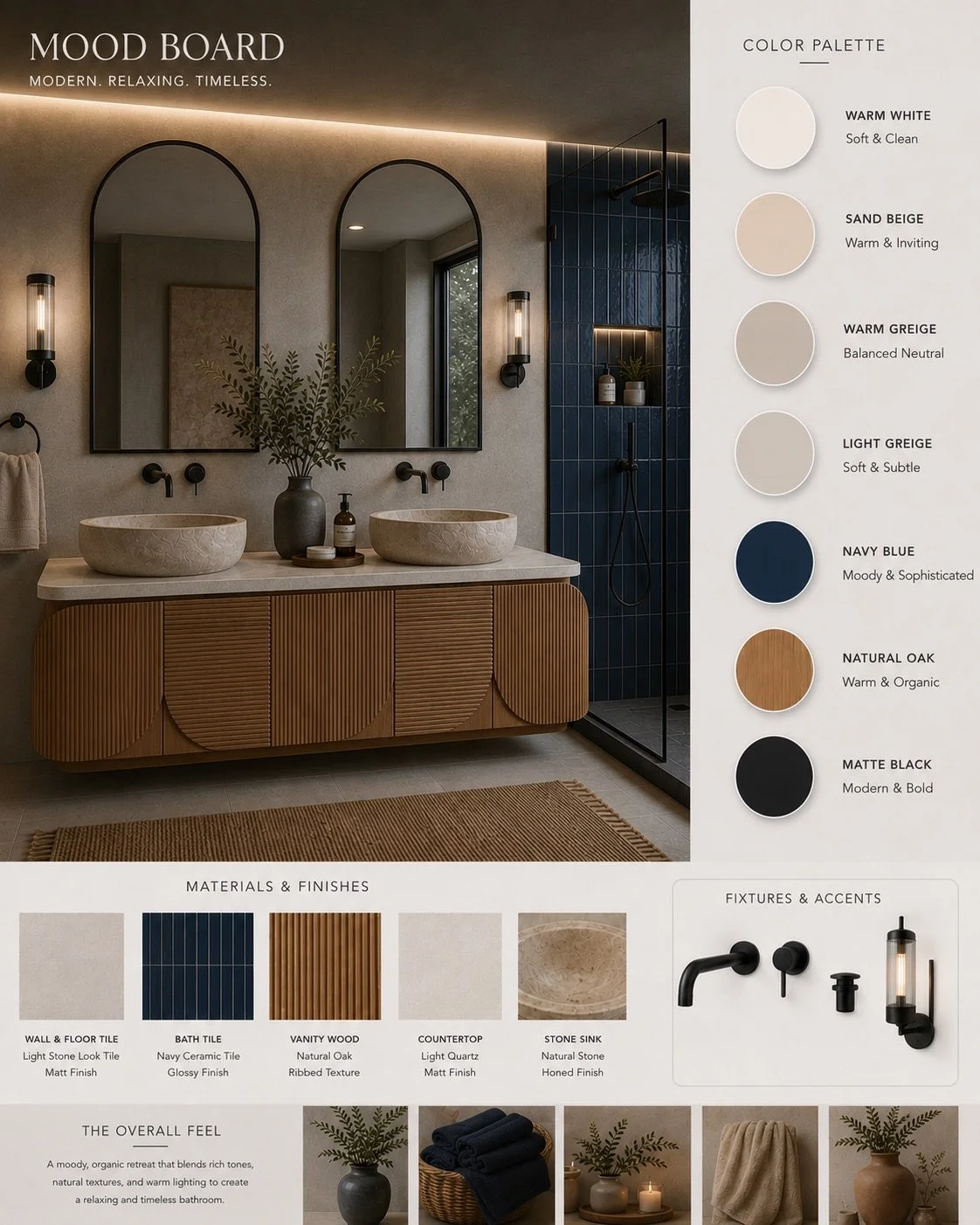 A modern bathroom design mood board features a double vanity with vessel sinks, a large mirror, and decorative elements, with a color palette including warm white, sand beige, warm greige, light greige, navy blue, natural oak, and matte black. The materials and finishes include light stone tiles, navy ceramic tiles, ribbed natural oak wood, light quartz countertops, and honed natural stone sinks. Fixtures include black faucets, a wall-mounted sconce, and a black shower head.