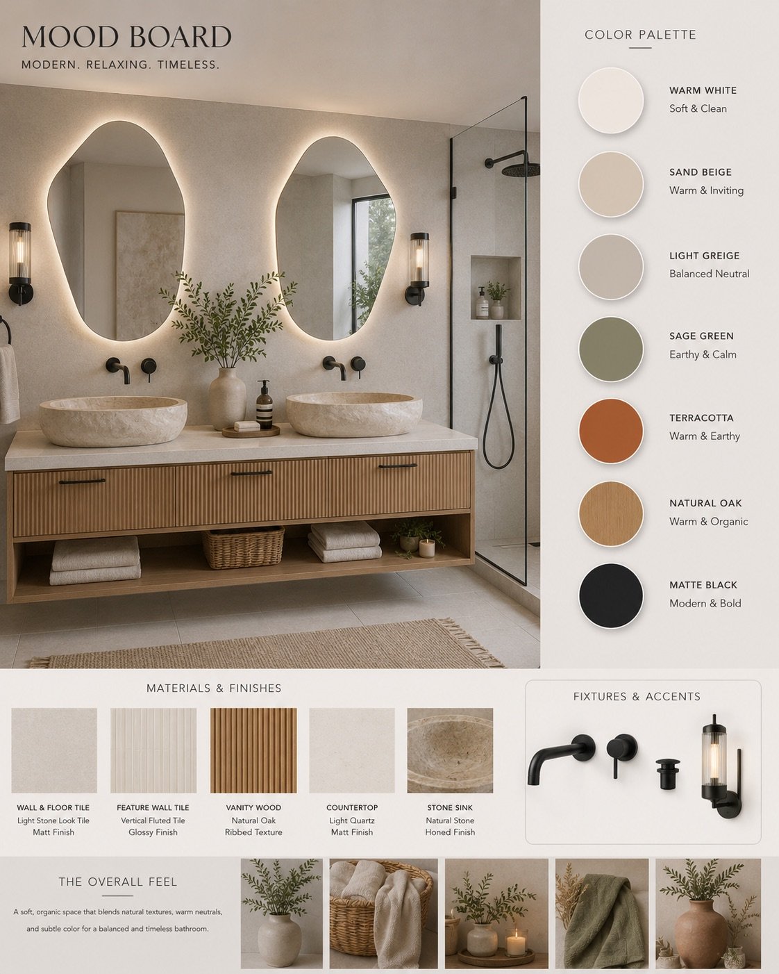 Design mood board for a bathroom with a neutral color palette including warm white, sand beige, light greige, sage green, terracotta, natural oak, and matte black accents. Features a double vanity with vessel sinks, round mirrors with backlit lighting, black fixtures, a walk-in shower with black hardware, and natural decor elements.