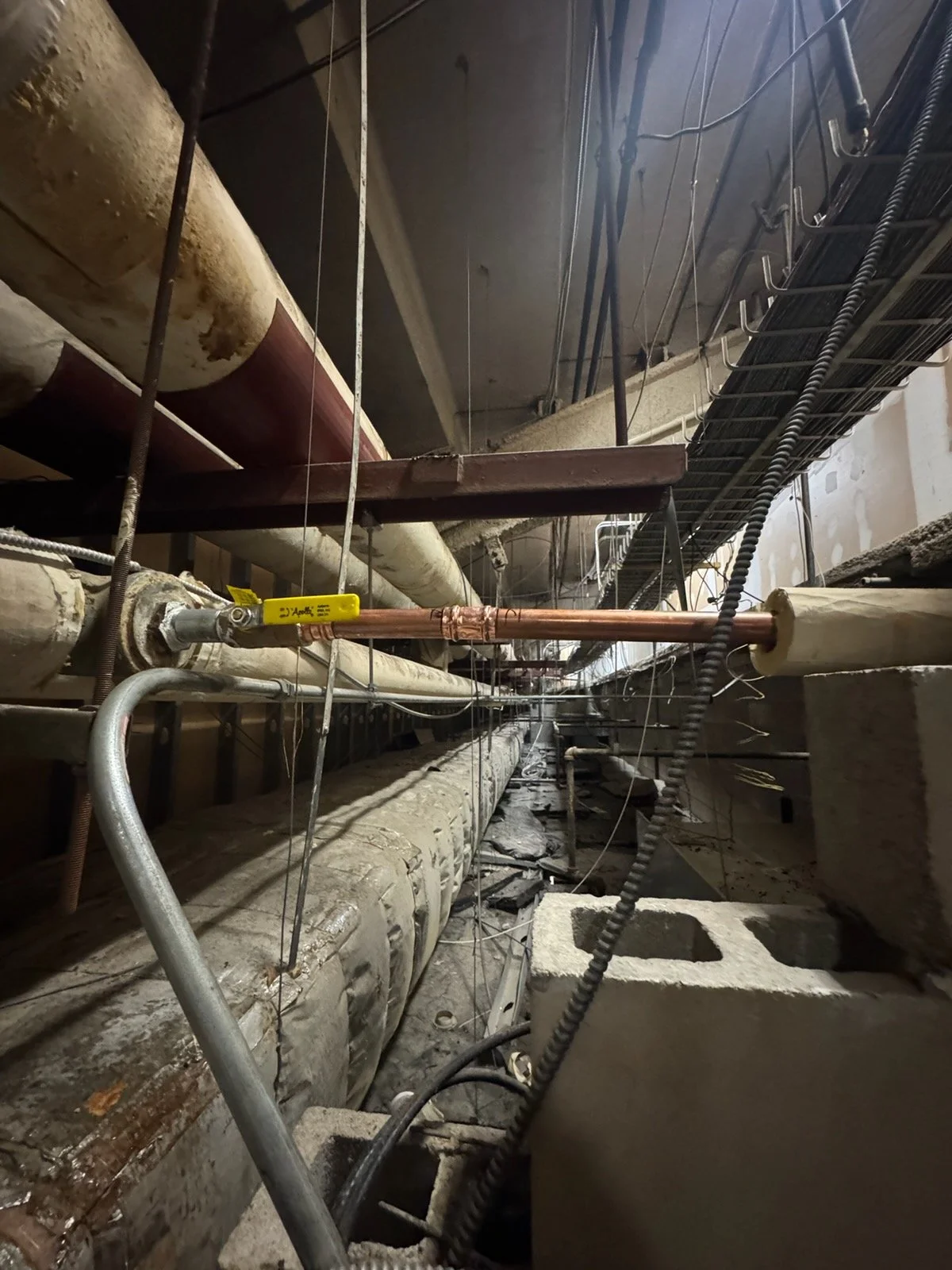 Underground pipe system with large pipes, smaller metal conduit, and wiring, under construction or renovation.