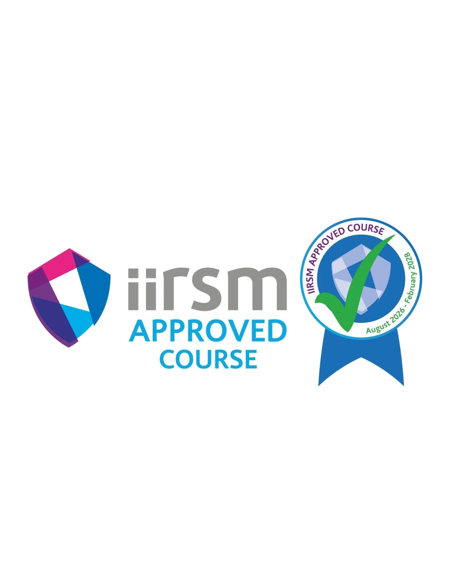 Certification badge and logo indicating approval for a course, with a shield icon, checkmark, and text specifying approval date in February 2028.