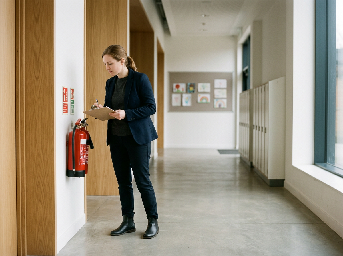 A woman wearing a dark blazer and pants is standing in a school hallway, holding a notebook and pen, near a fire extinguisher on the wall.