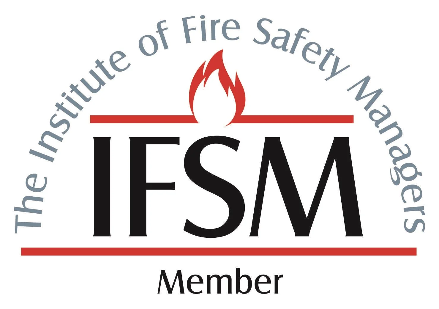 The logo of the Institution of Fire Safety Managers (IFSM) features a stylized flame in red above the bold black acronym 'IFSM'. The organization's name encircles the top of the logo in gray, and a red horizontal line separates the main acronym from the word 'Member' at the bottom.