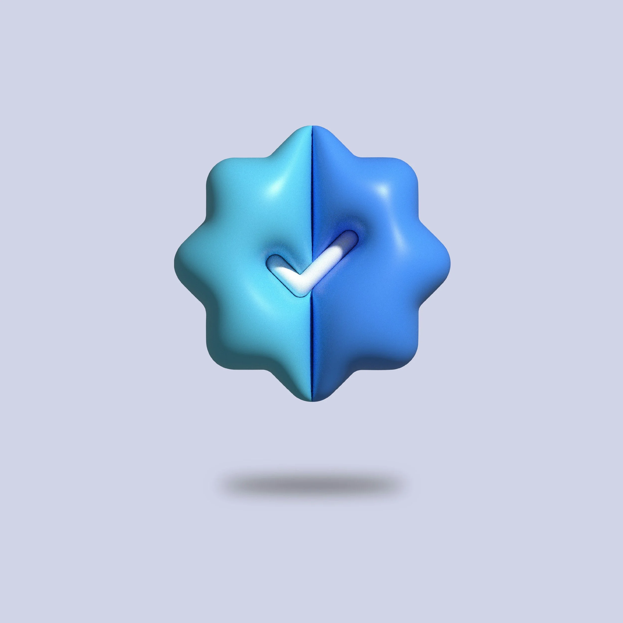 A close-up view of a blue and light blue object with a checkmark symbol on its surface, floating above a light grey background.