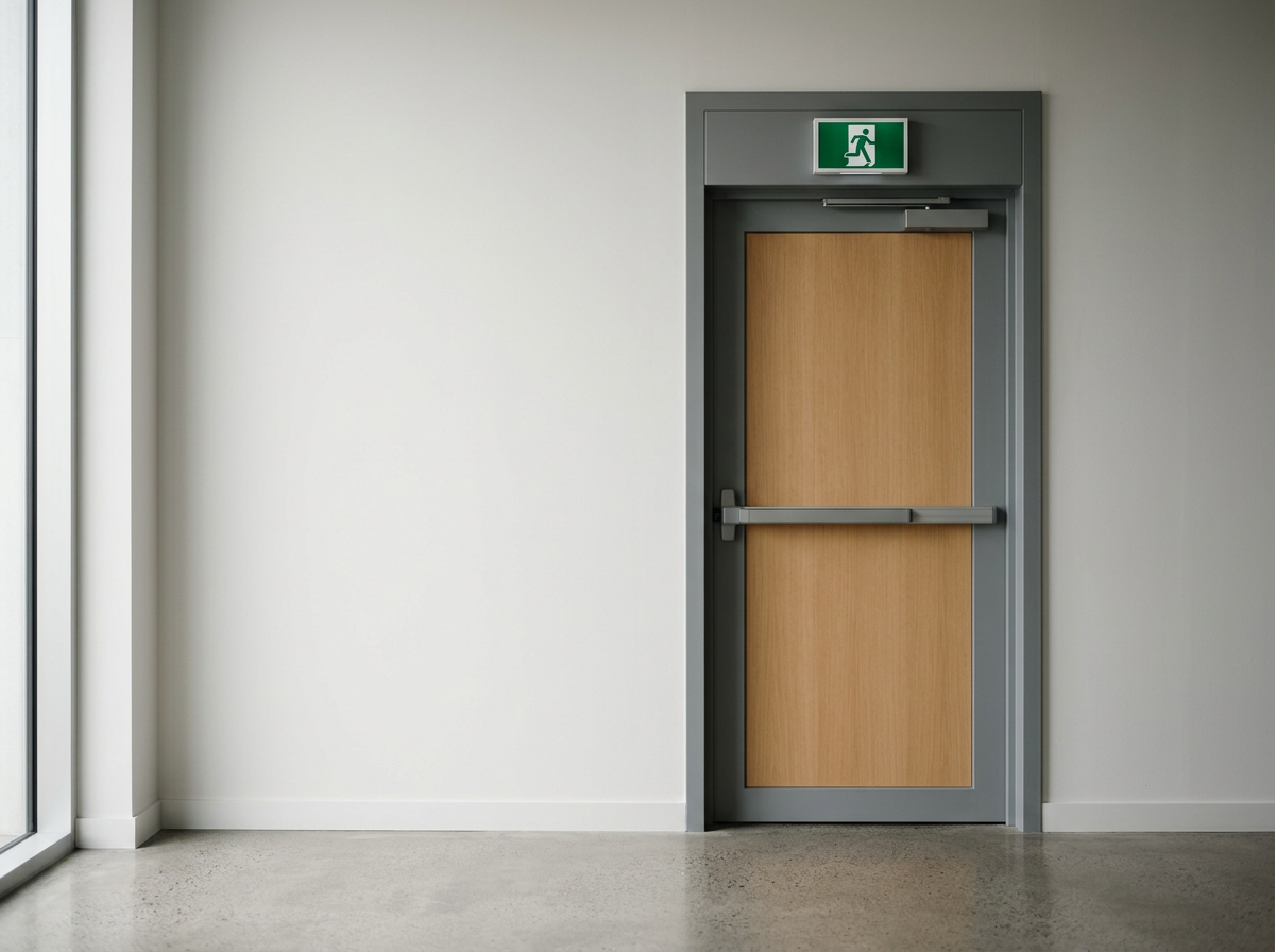 An emergency exit door with a green running man exit sign above it, located in a modern interior with white walls and a smooth concrete floor.