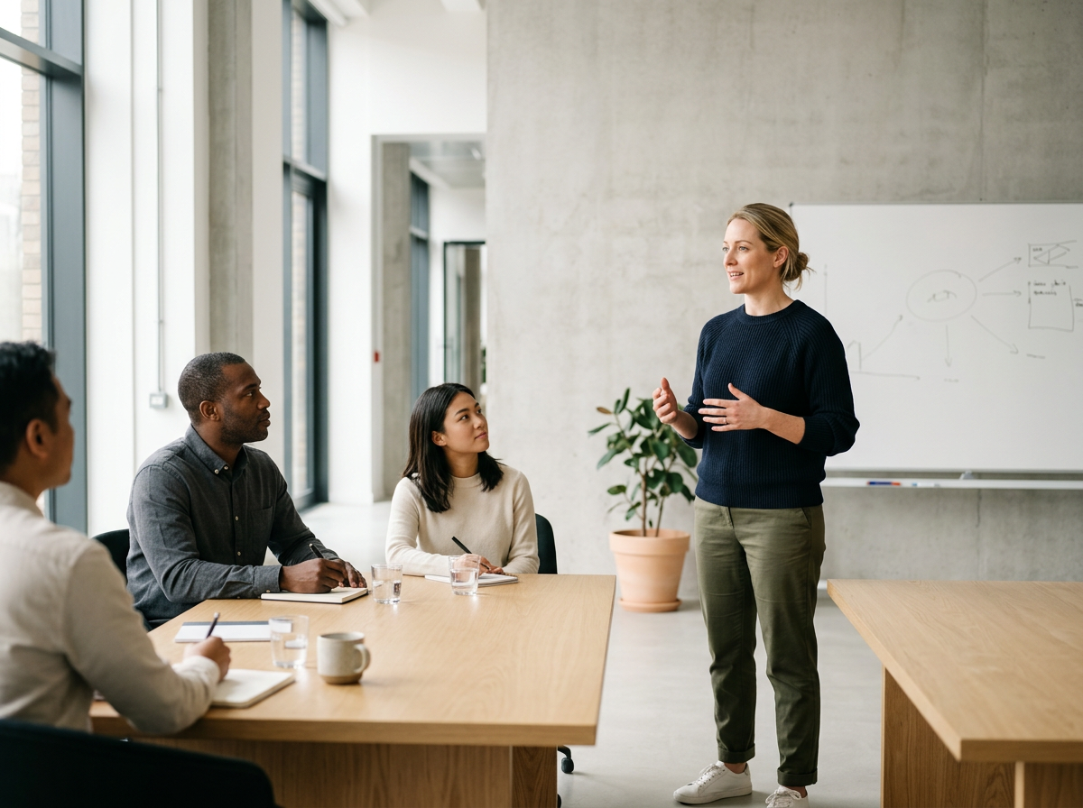 Health and Safety Training for schools. A woman giving a presentation to a diverse group of four people sitting at a table in a modern, well-lit conference room with large windows and a whiteboard.