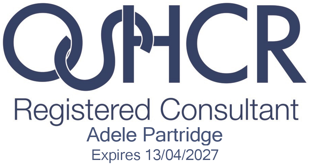 Logo with the text 'QSHCR Registered Consultant Adele Partridge Expires 13/04/2027' in navy blue.