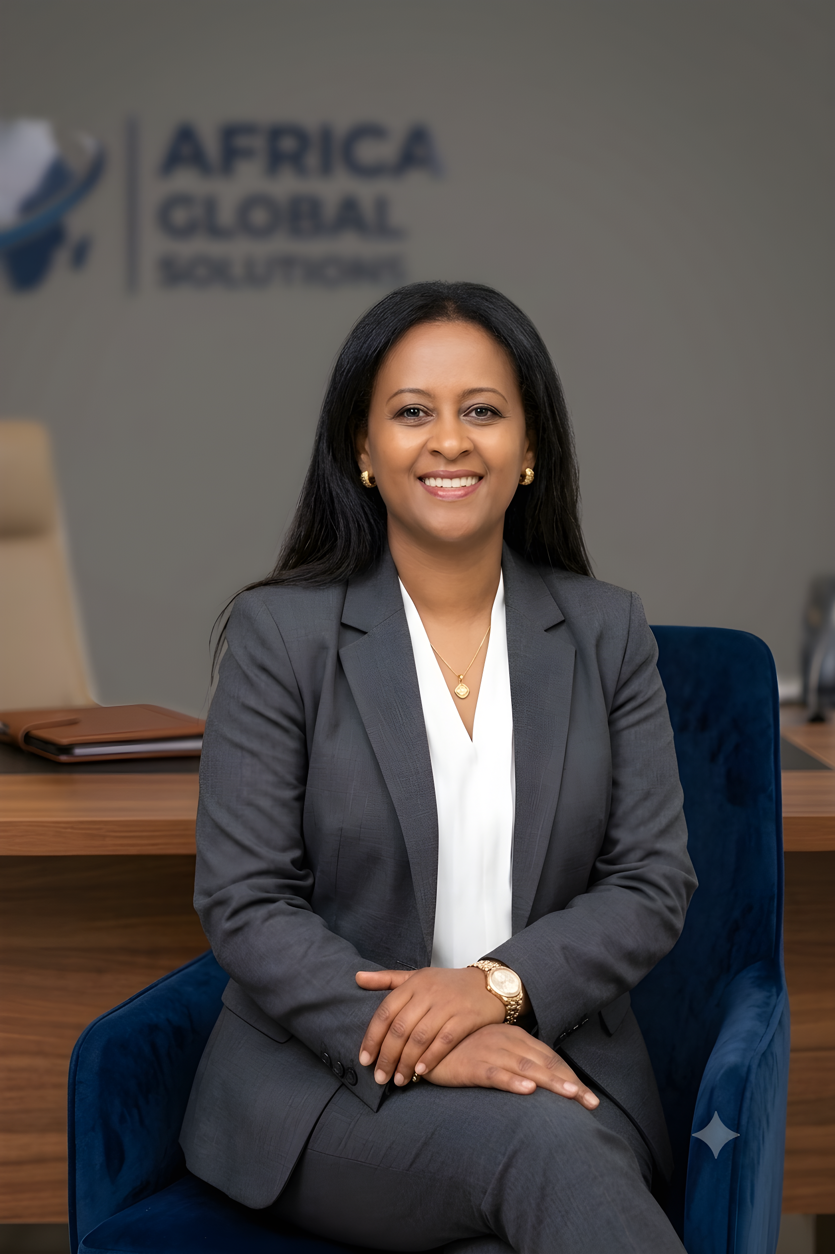 A woman with long black hair, wearing a gray business suit and gold jewelry, sitting in a blue velvet chair in an office setting with a wooden desk and a logo on the wall that reads 'Africa Global Summit.'