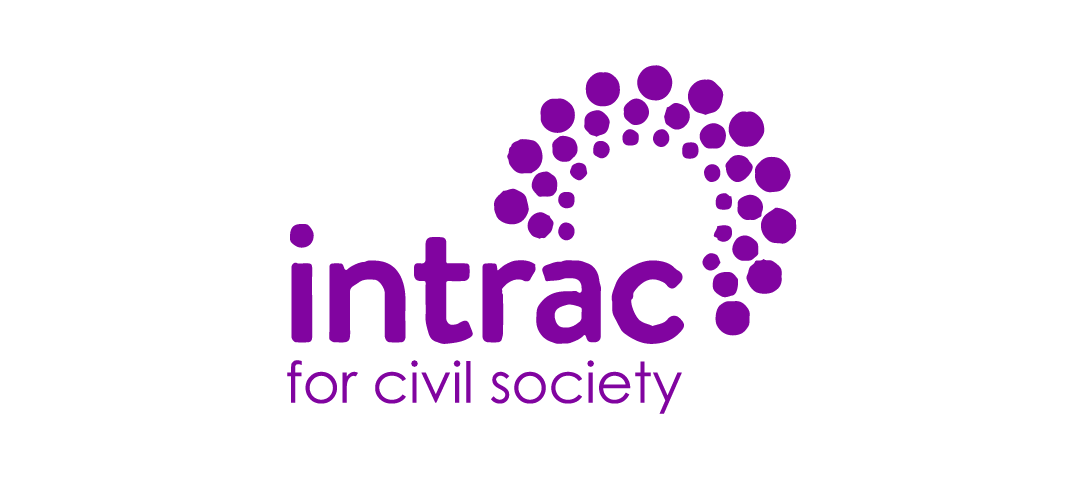 Purple and black logo with the words 'intrac for civil society' and a circular array of purple dots above the text.