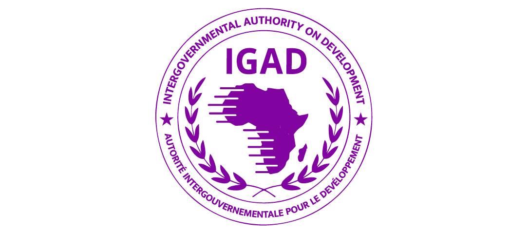Purple logo of IGAD, the Intergovernmental Authority on Development, with an outline of Africa and Latin America, surrounded by laurel branches and text in English and French.