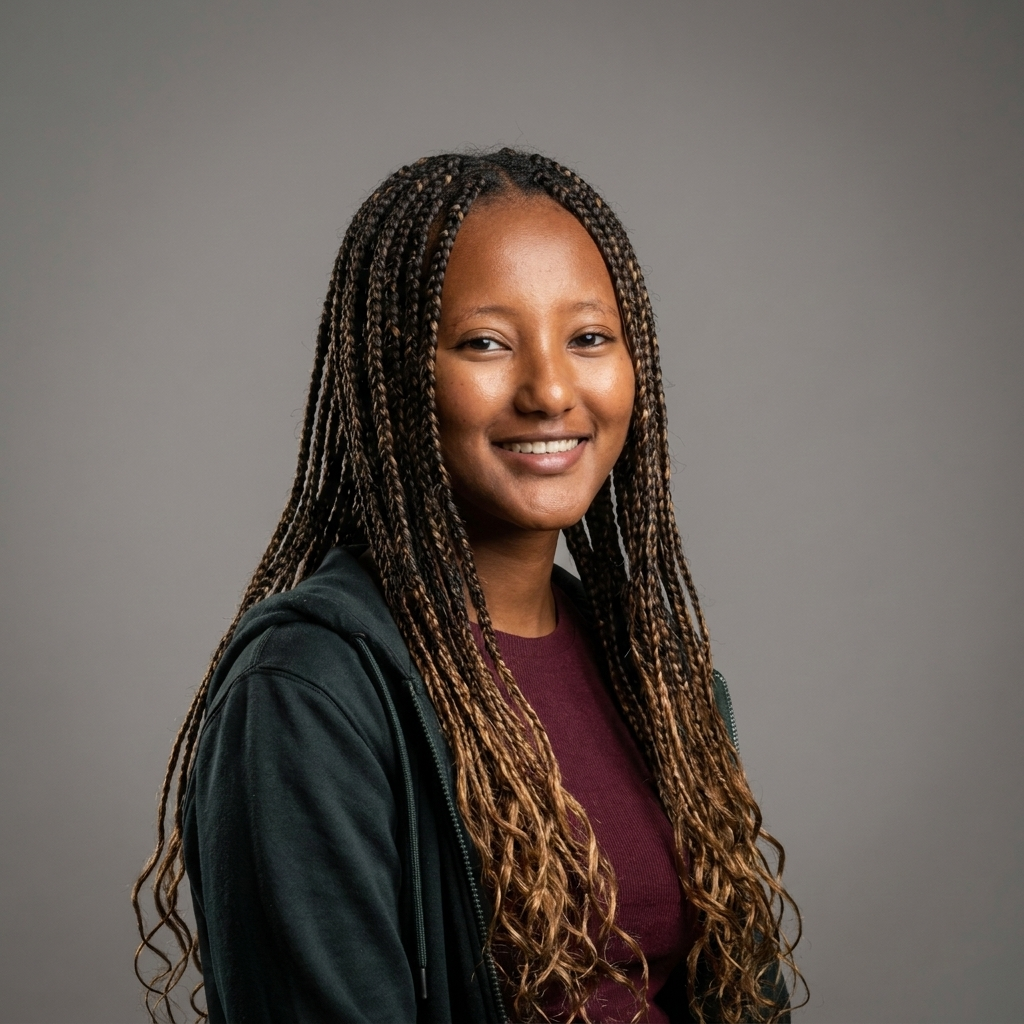Portrait of a young woman with long braided hair, smiling, wearing a dark jacket over a maroon shirt, against a neutral gray background.