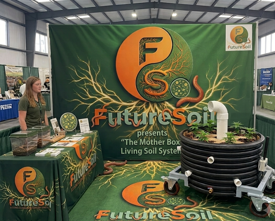 Trade show booth for Future Soil featuring a large green backdrop with logo, plants in a circular container connected by tubing, and promotional materials on tables.