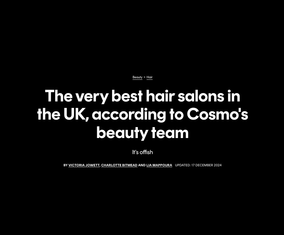 Article headline about the best hair salons in the UK, according to Cosmo's beauty team, published on December 17, 2024.