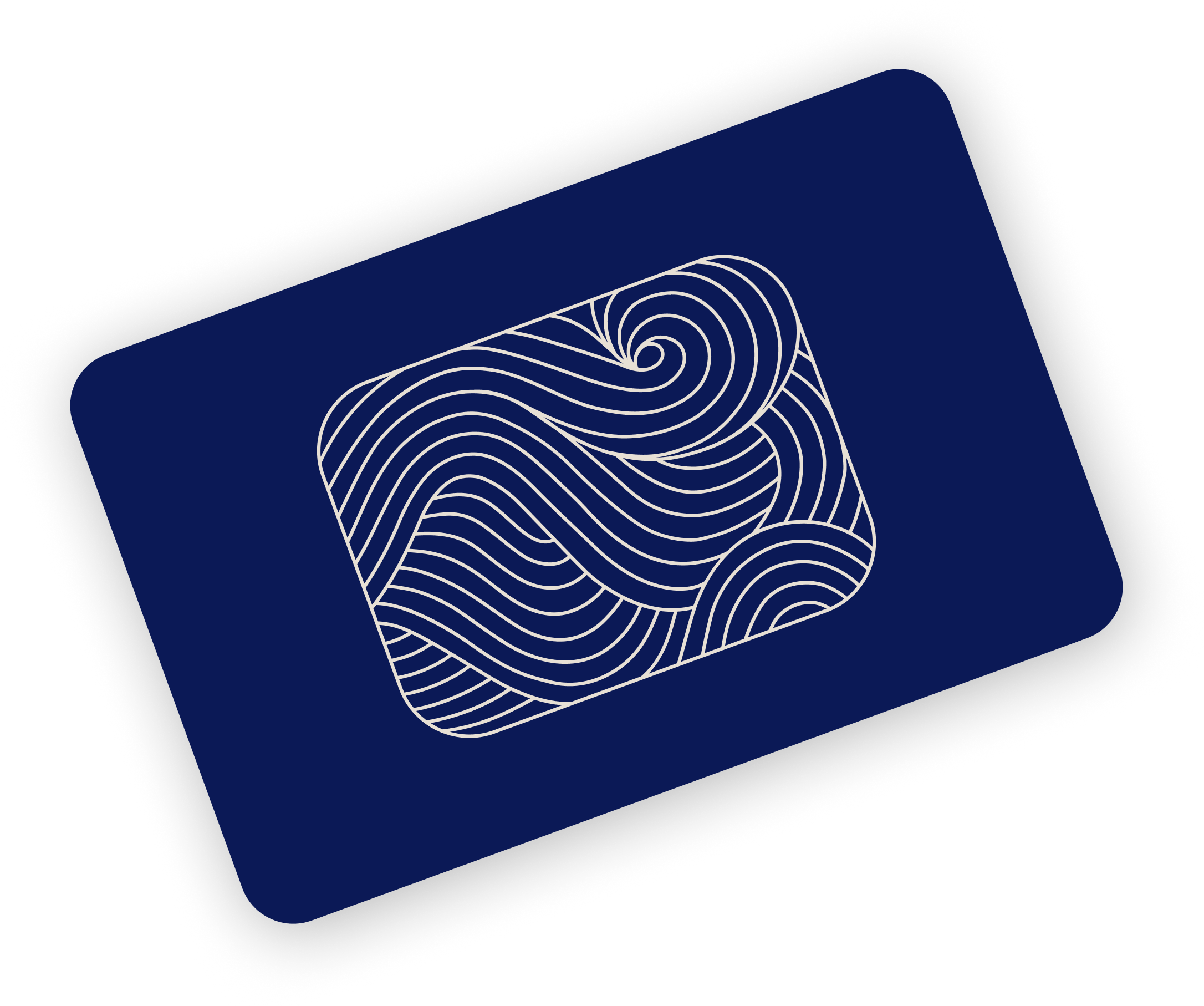 A dark blue rectangular card with rounded corners featuring a white geometric line drawing of a swirling, wave-like pattern.