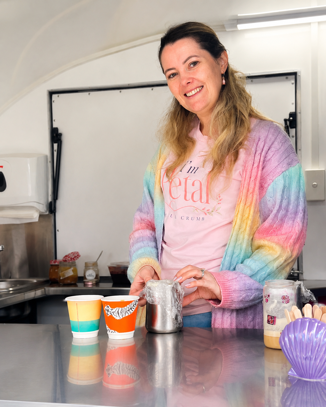Hayley, founder of Petal & Crumb, preparing specialty coffee in the mobile coffee trailer in Perth, Western Australia.