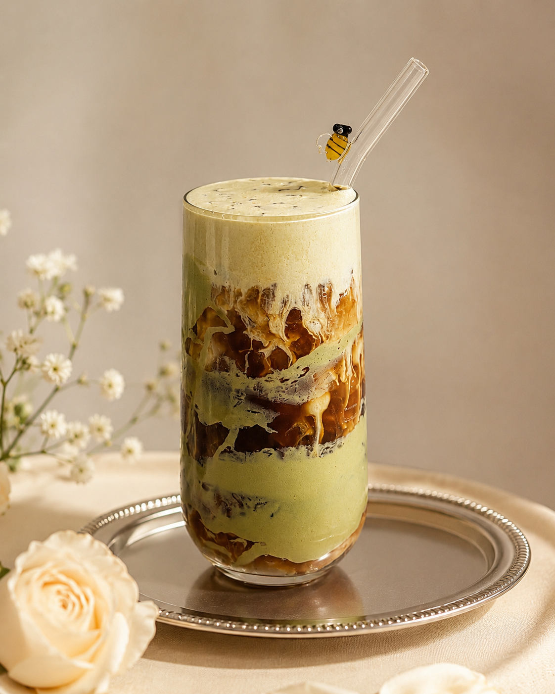 A layered iced coffee drink with green matcha, caramel, and cream, topped with foam, in a tall glass with a decorative bee stirrer, on a silver tray with white flowers nearby.