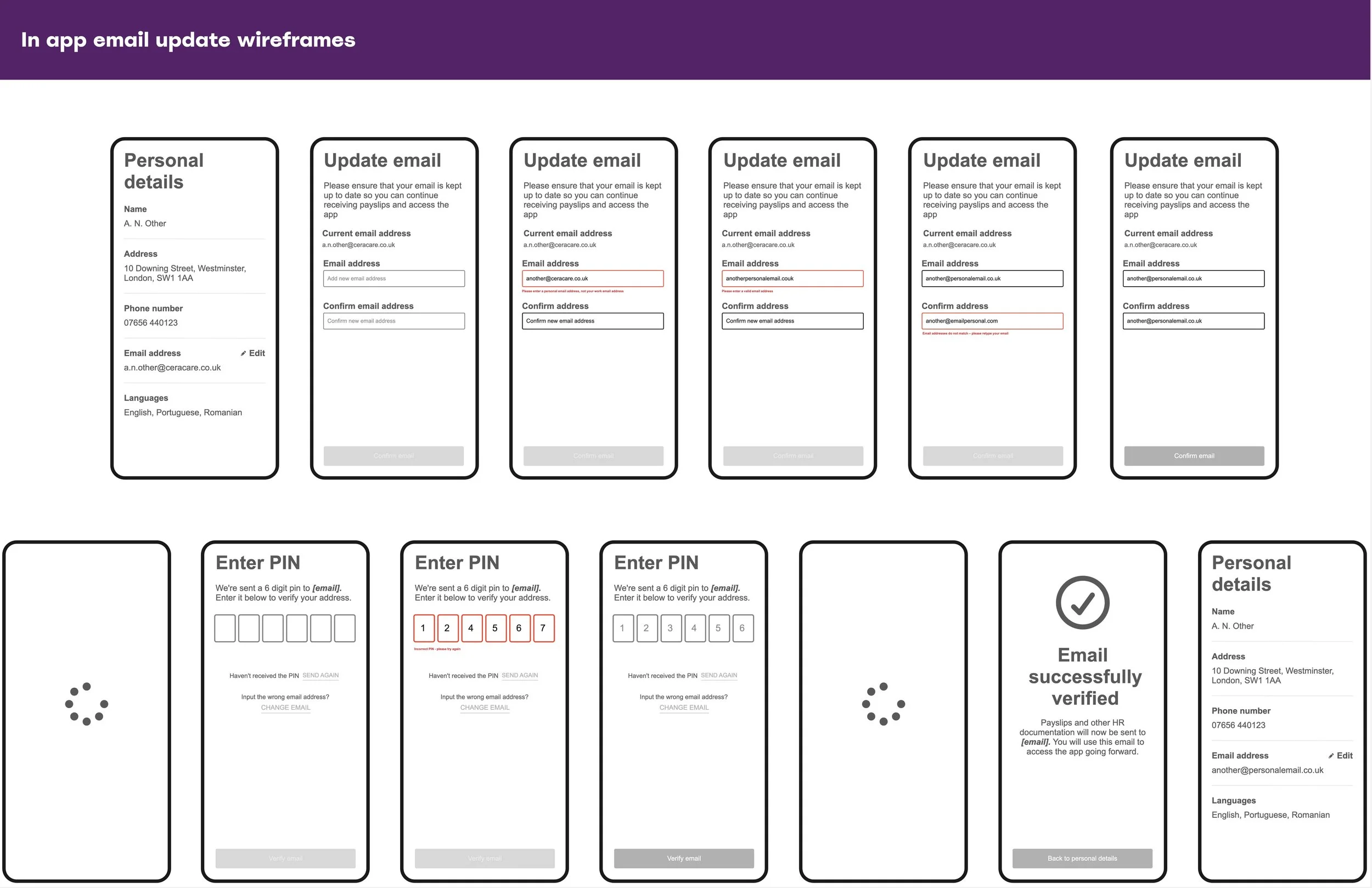 Cera Care, Mobile wireframes for in ap email update