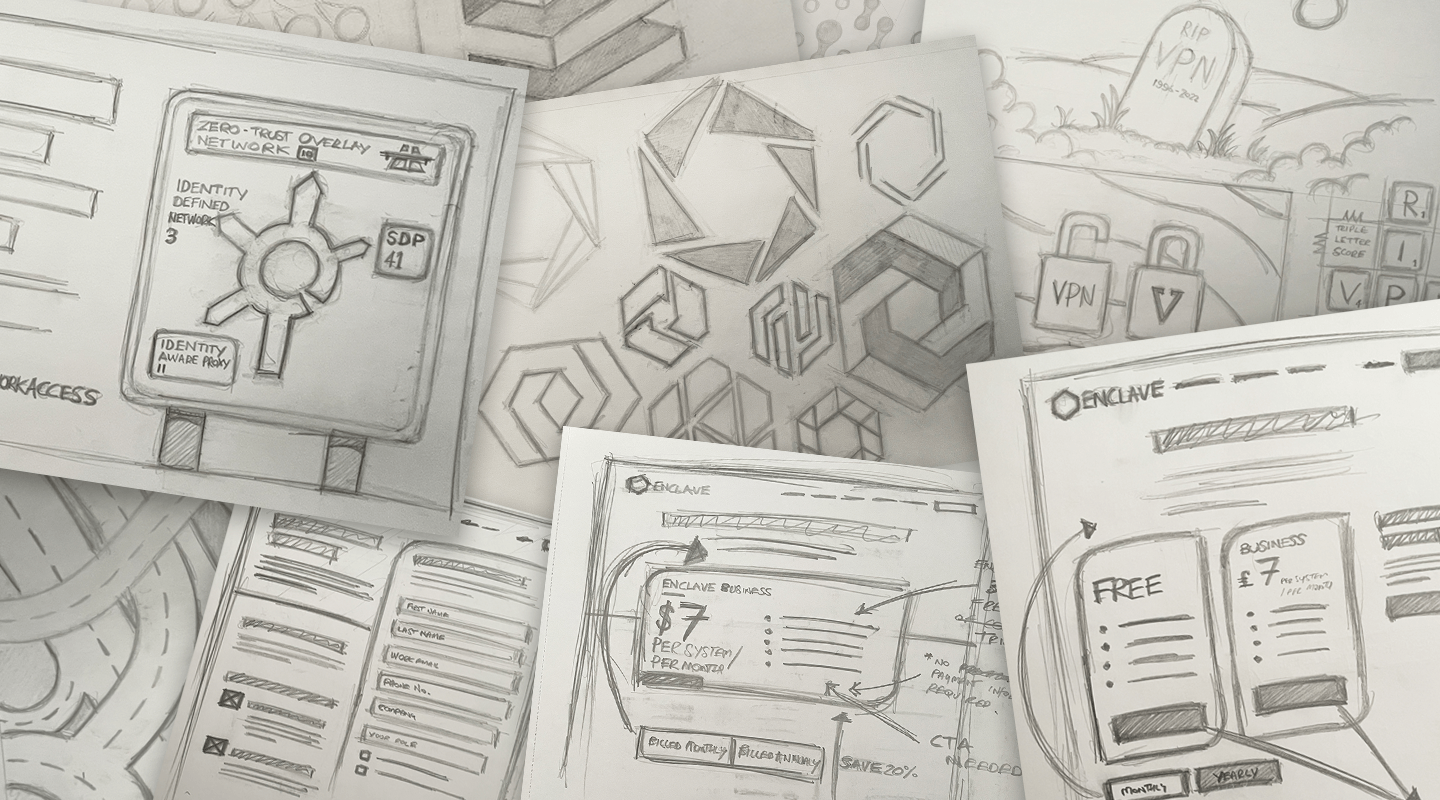 Enclave Networks, sketches, logos, web pages & social media post ideas