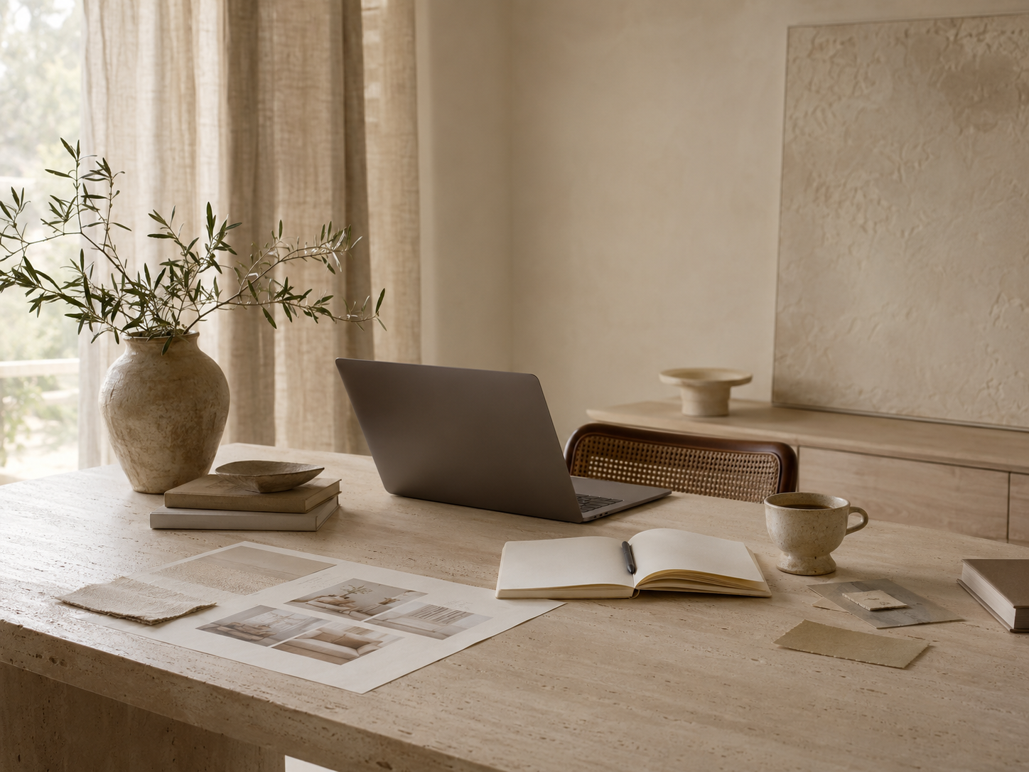 A light-colored wooden desk with decor, a laptop, an open notebook, a pen, a cup, and various paper samples, with a vase of green foliage, in a room with beige curtains and textured walls.