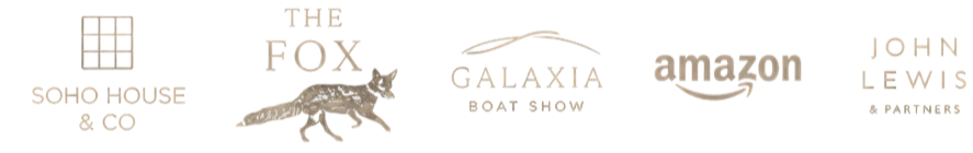 Black background with white logos of Soho House & Co, The Fox, Galaxia Boat Show, Amazon, and John Lewis & Partners.