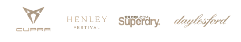 Logos of CUPRA, Henley Festival, Superdry, and daylesford arranged horizontally on a black background.