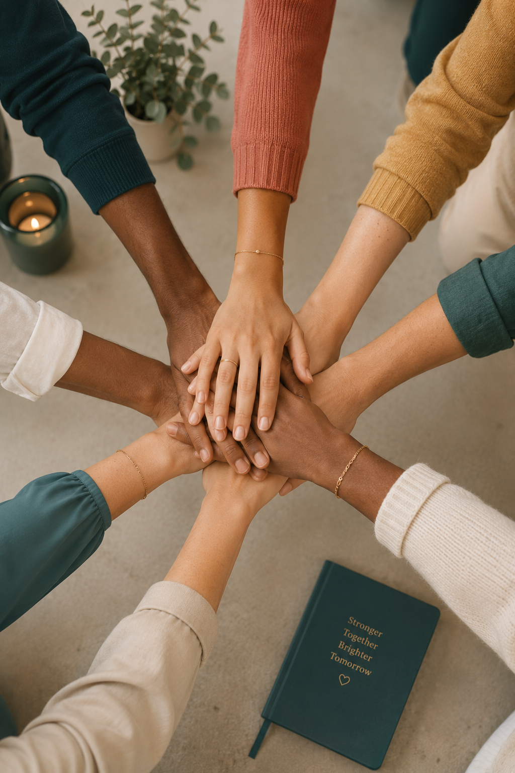 A diverse group of people stacking their hands together in a show of unity and teamwork, with a green journal and a candle nearby.