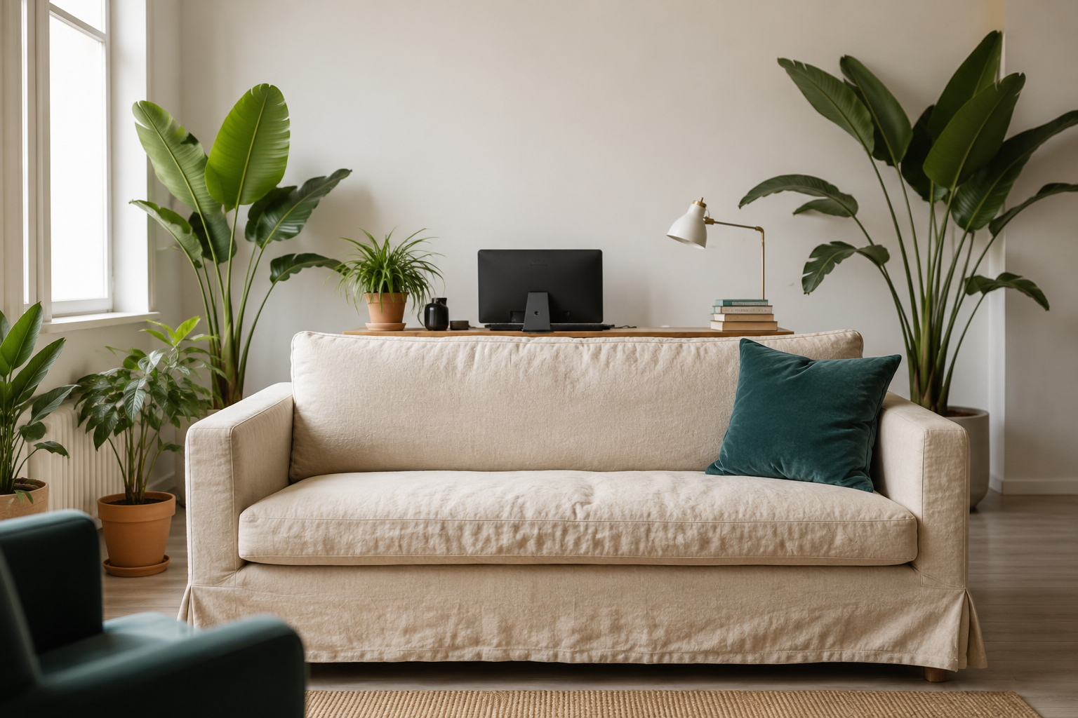 Living room with beige sofa, green cushion, potted plants, window, and side table with books and lamp.