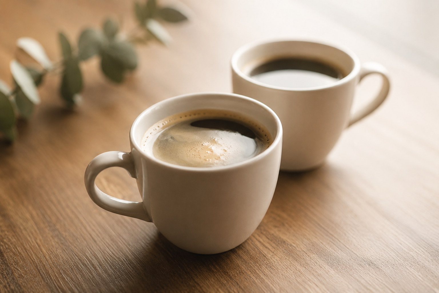 Two white ceramic coffee mugs filled with black coffee on a wooden table, with a blurred green plant in the background.