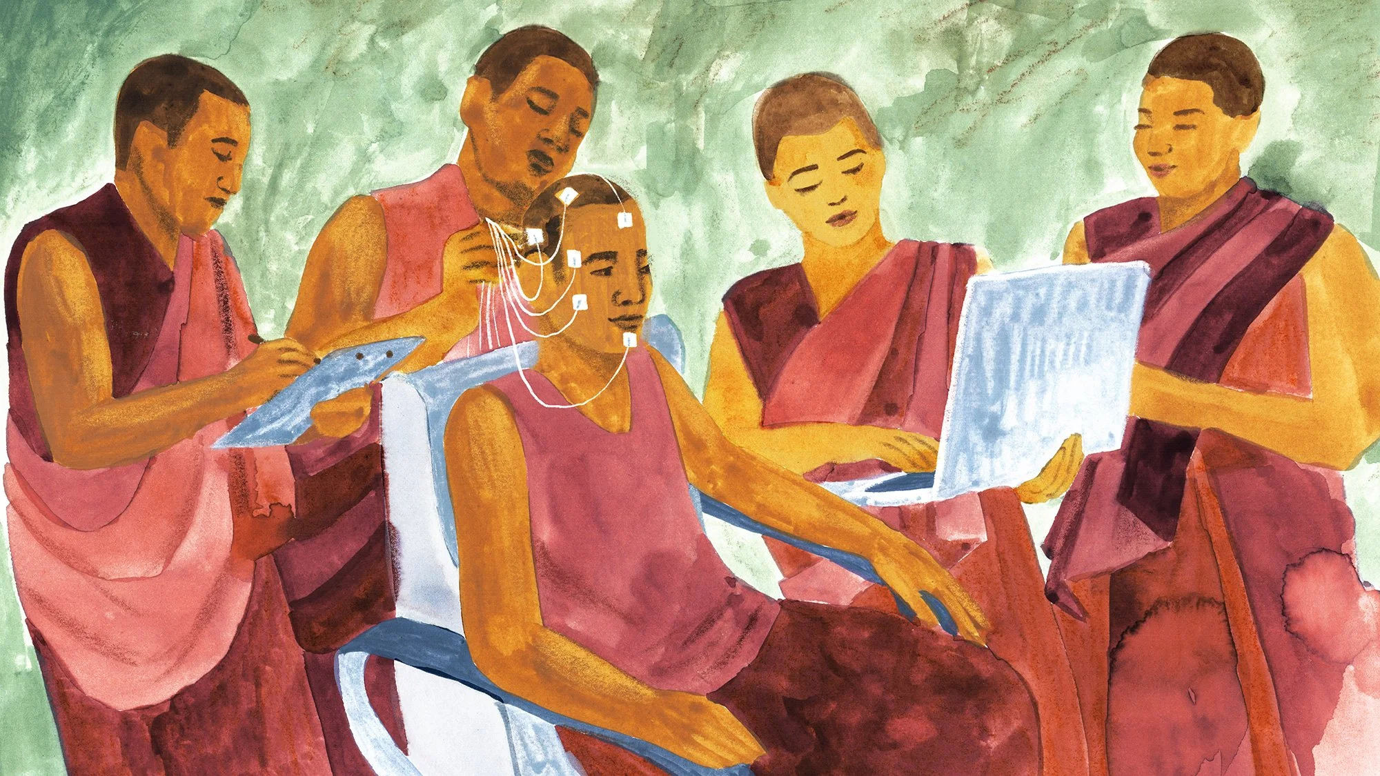 Watercolor illustration of Buddhist monks conducting a medical examination with electrodes and a laptop