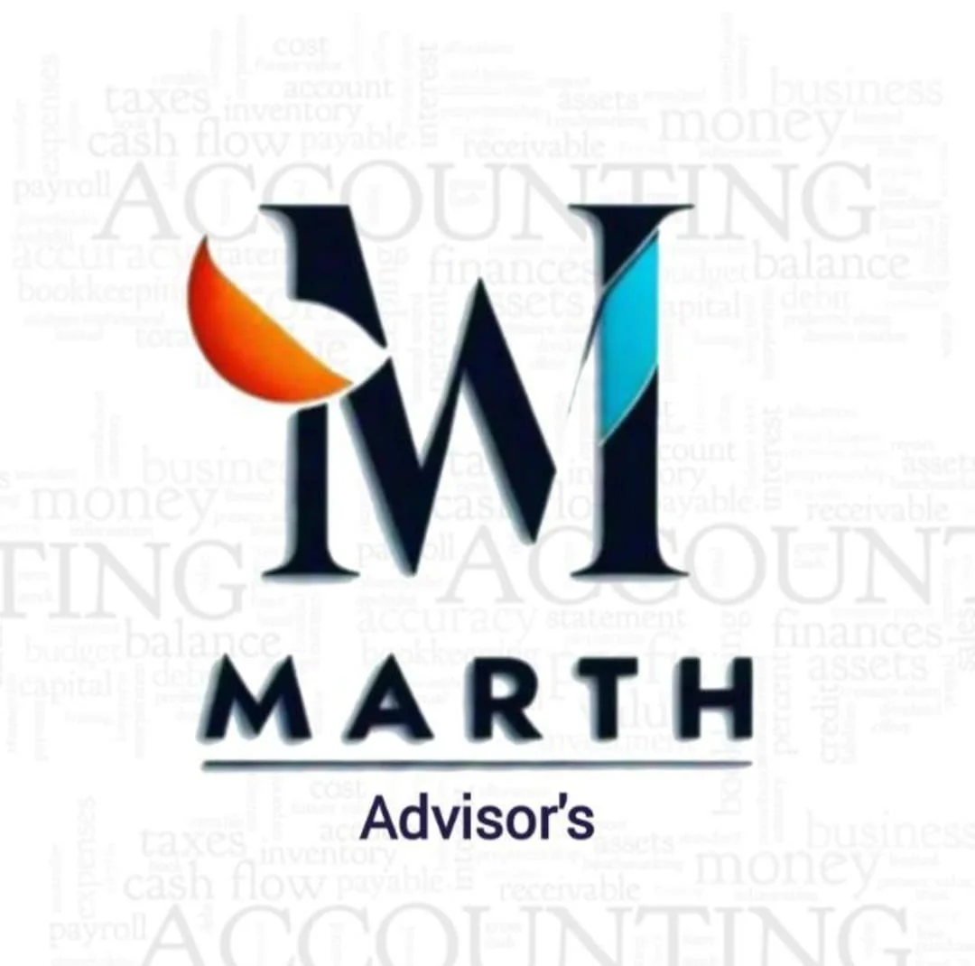 Marth Advisors accounting logo with stylized navy letters, orange and teal accents, and a background of financial terms