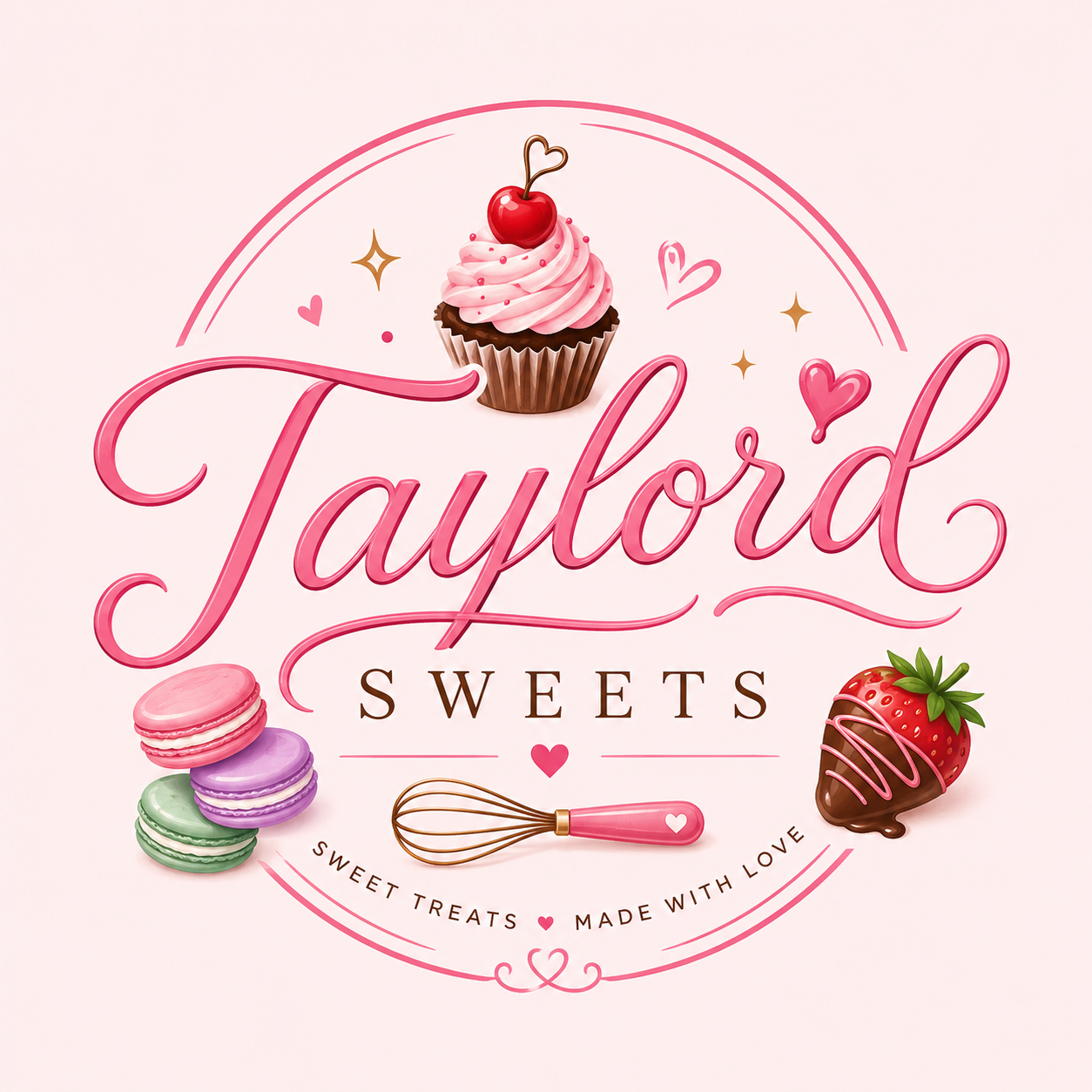 Logo for Taylor'd Sweets featuring a pink cupcake with a cherry on top, strawberries, macarons, and a pink whisk, with the text 'Taylor'd Sweets' and phrases 'Sweet Treats' and 'Made with Love'.