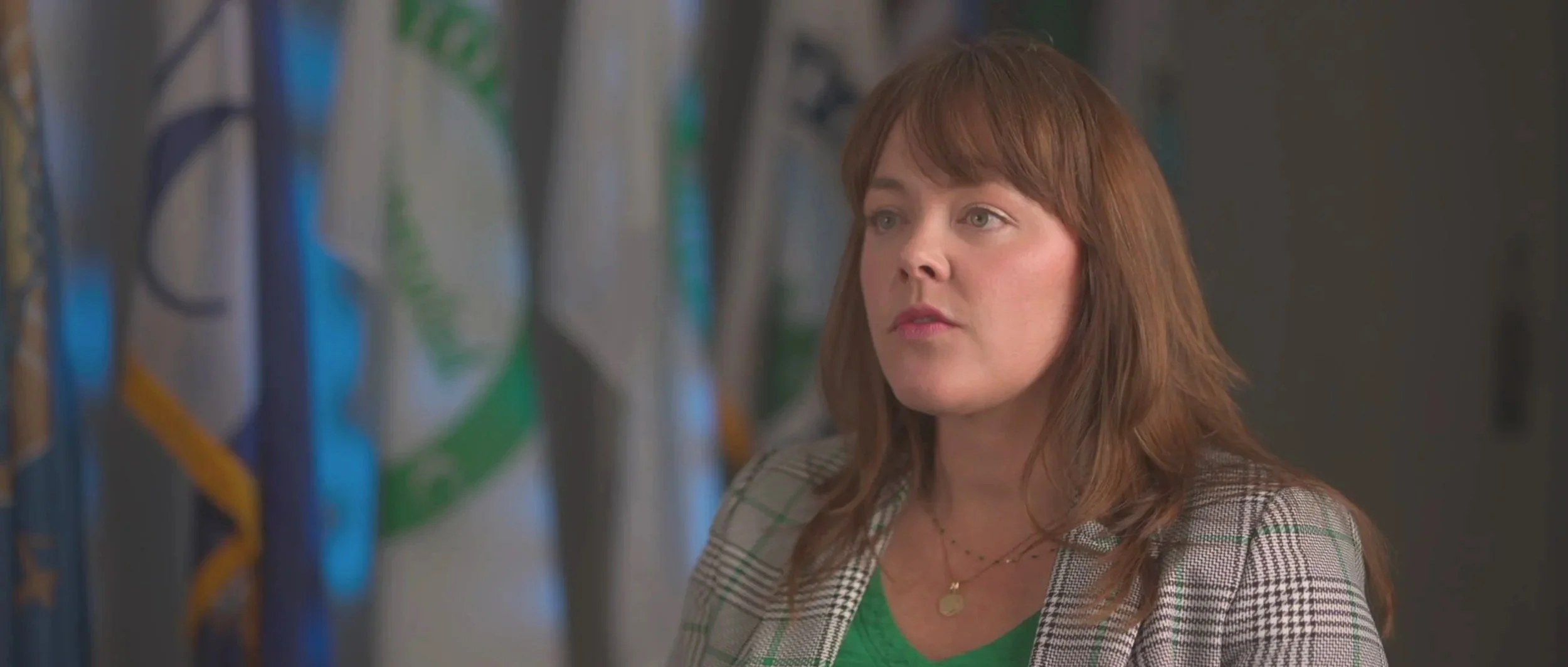 A woman with reddish-brown hair, wearing a plaid jacket and a green top, stands in front of flags on a wall, looking to the right with a serious expression.