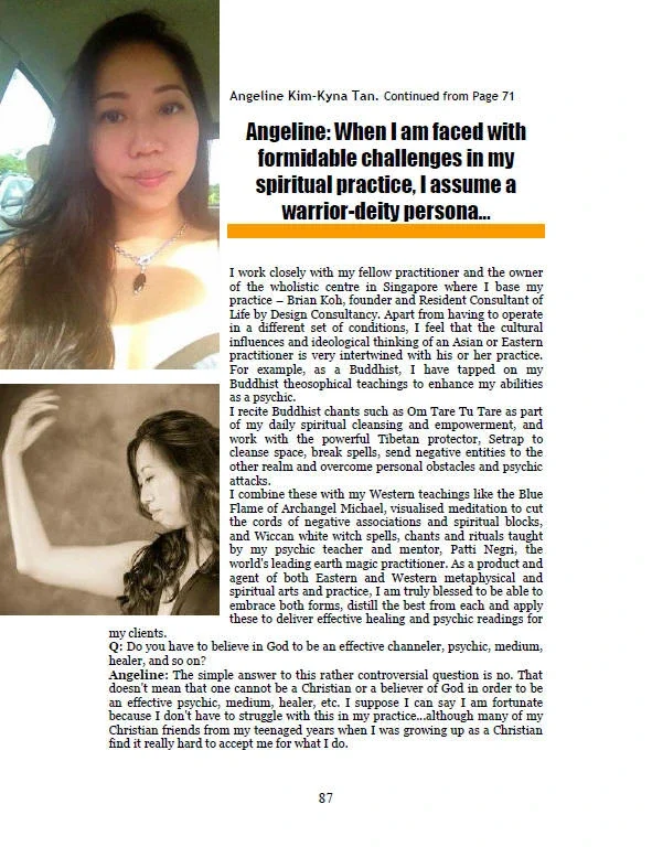 A webpage with a photo of a woman with long hair on the left and an article titled 'Angeline: When I am faced with formidable challenges in my spiritual practice, I assume a warrior-deity persona...' on the right.