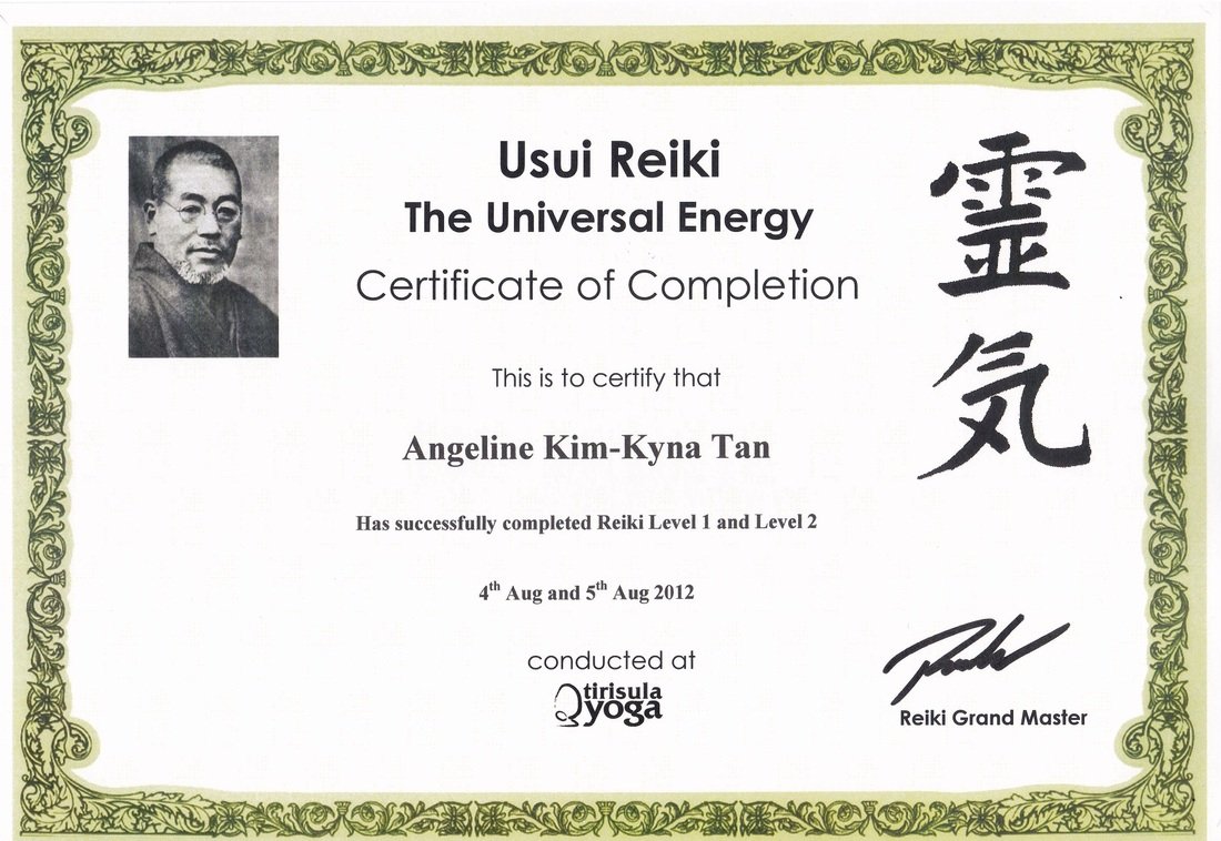 Reiki certificate with a black and white photo of a man, German ornamental border, and Japanese kanji characters for 'Reiki' on the right side.