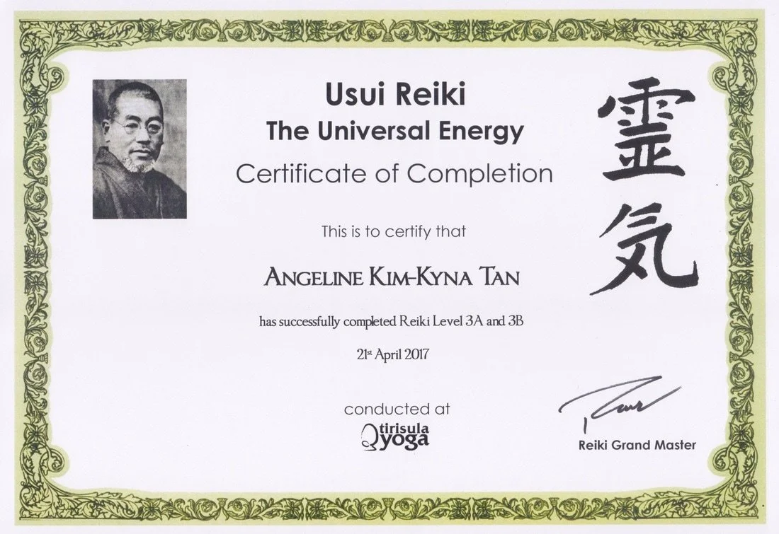 Certificate of completion for Usui Reiki, awarded to Angeline Kim-Kyna Tan, with details of successful completion of Reiki Levels 3A and 3B, dated April 21, 2017, issued at Tirisula Yoga, signed by the Reiki Grand Master. Features a black-and-white p