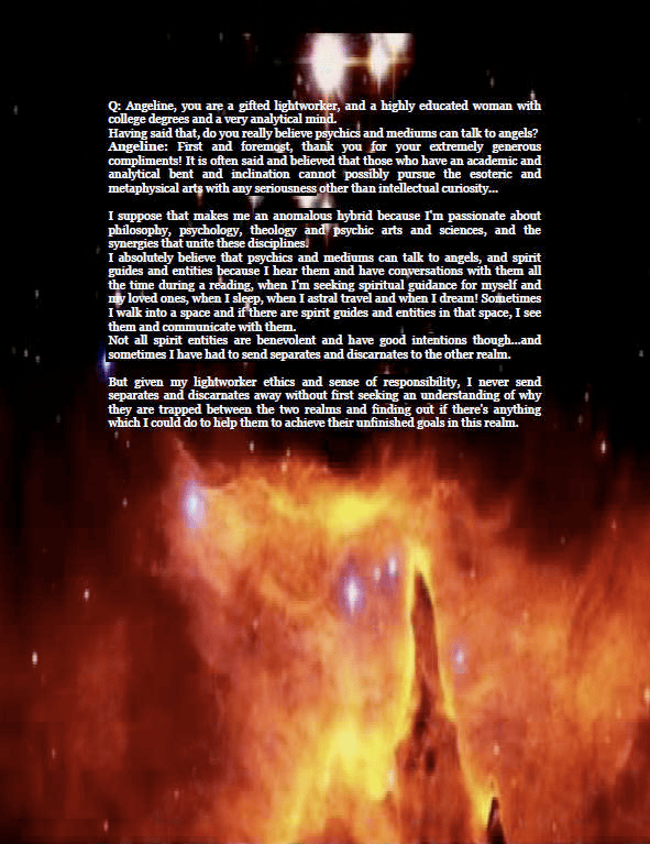 A fiery cosmic scene with bright flames and nebulae, overlaid with a quote about angels, spirituality, and enlightenment.